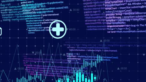 animación de múltiples gráficos, iconos, números cambiantes en lenguaje de computadora en un fondo abstracto
