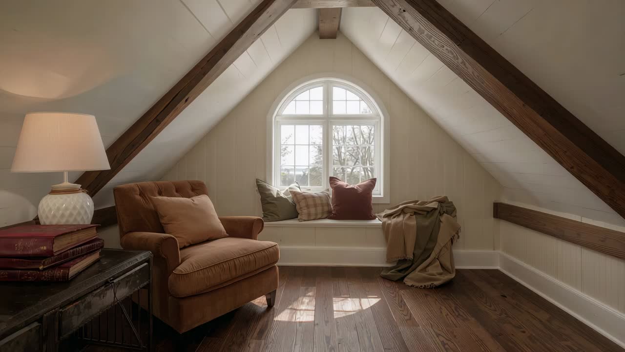 Camera pulling back, showing arched-window bench and armchair in attic nook exposing beams