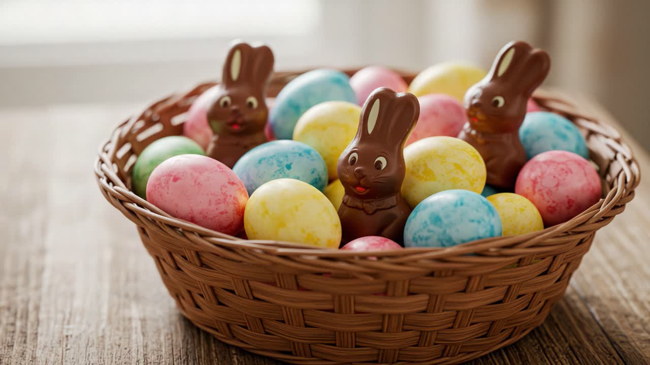 Colorful Easter Basket Filled with Chocolate Bunnies and Decorated Eggs, Perfect for Celebrating the Joy of Springtime Traditions and Festivities