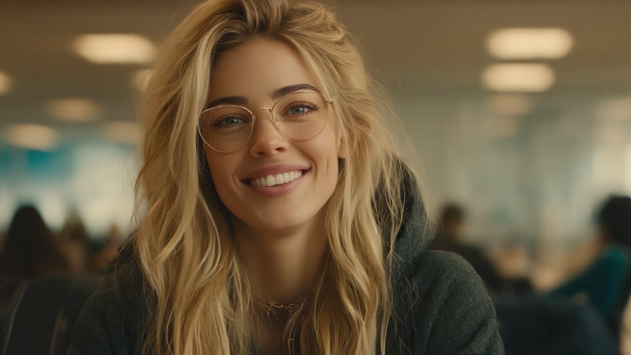 A Bright and Cheerful Young Woman with Long Blonde Hair and Glasses Smiling Happily in a Cozy and Inviting Atmosphere, Radiating Joy and Warmth in Every Frame