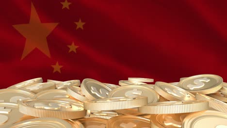 Animación-De-La-Bandera-China-Ondeando-Sobre-Monedas-De-Oro-De-Un-Dólar-Americano.