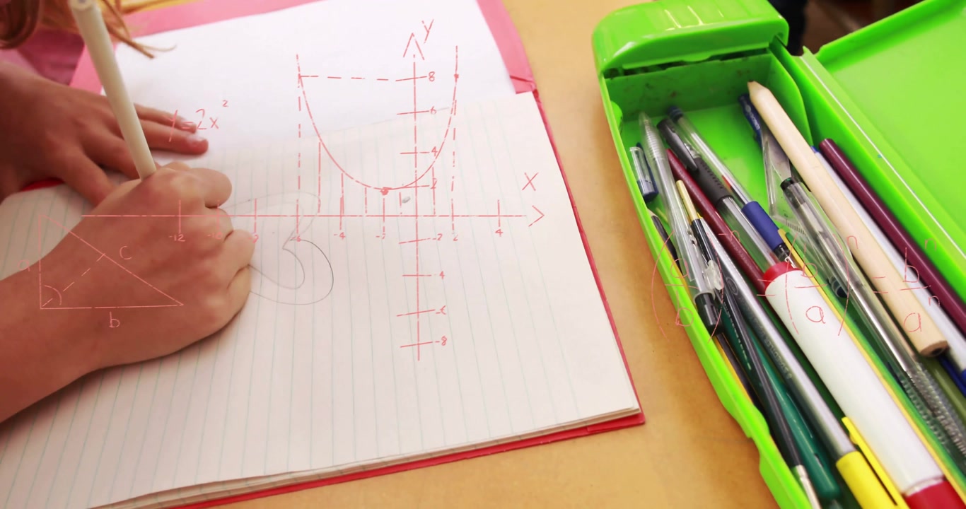 Girl opening notebook and drawing math diagrams formulas then grabbing colored pens for education