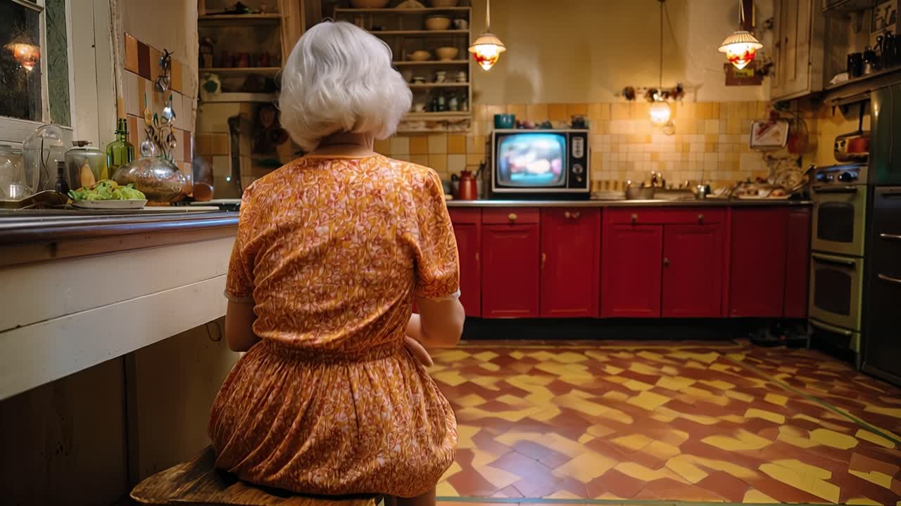 Senior woman watches television from a vintage kitchen. Warm light glows above red cabinets and tiled floor. She sits quietly, absorbed in screen's content. Comfortable solitude in a nostalgic