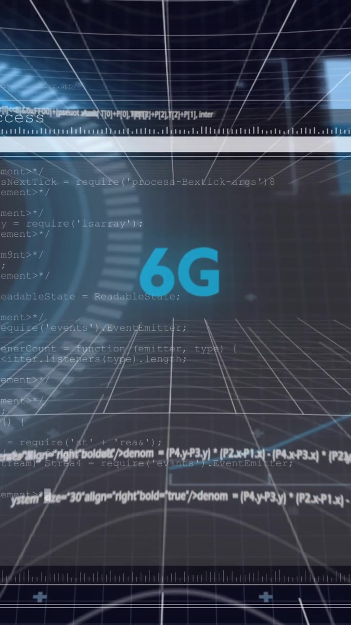 Animation of glowing interface with 6g text, charts and information moving on black background