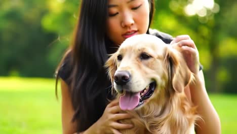 a heartwarming bond: a young woman and her golden retriever enjoying a tender moment in a sunlit park, celebrating the joys of pet companionship and love
