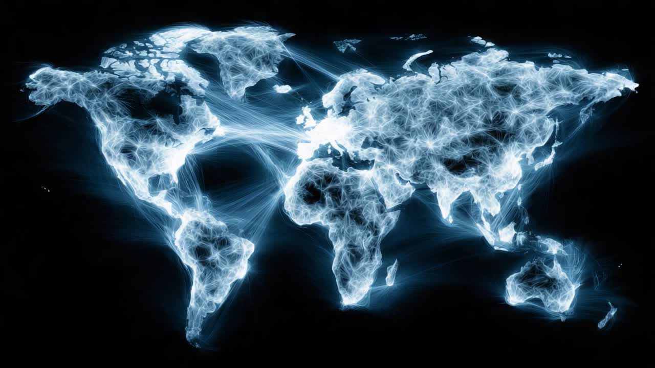 A Stunning Visualization of Global Connectivity, Showcasing the Intricate Web of Data Transmission Across Continents in a Bright Blue Network Design