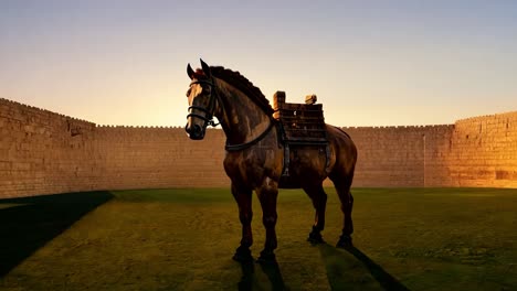 a brown horse stands in a field with a stone wall behind it, during sunset