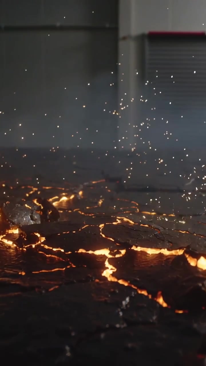 Vertical video: Bursting fissure spewing sparks across cracked bay floor, fading to embers, column