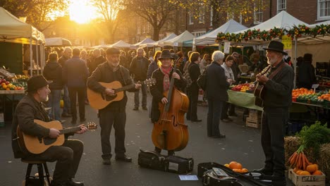 street musicians performing at an outdoor market during golden hour