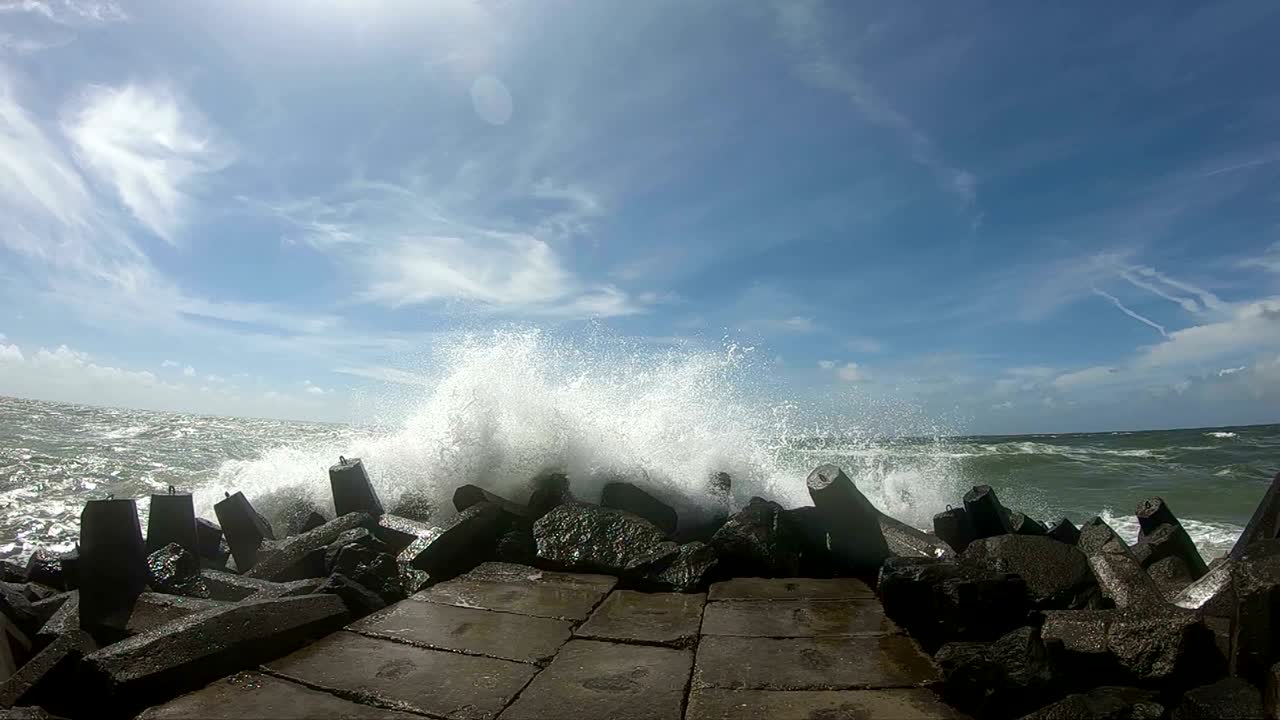 Dyke protection with concrete groins, breakers, North Sea, Denmark, 4K