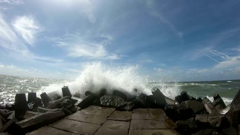 dyke protection with concrete groins, breakers, north sea, denmark, 4k