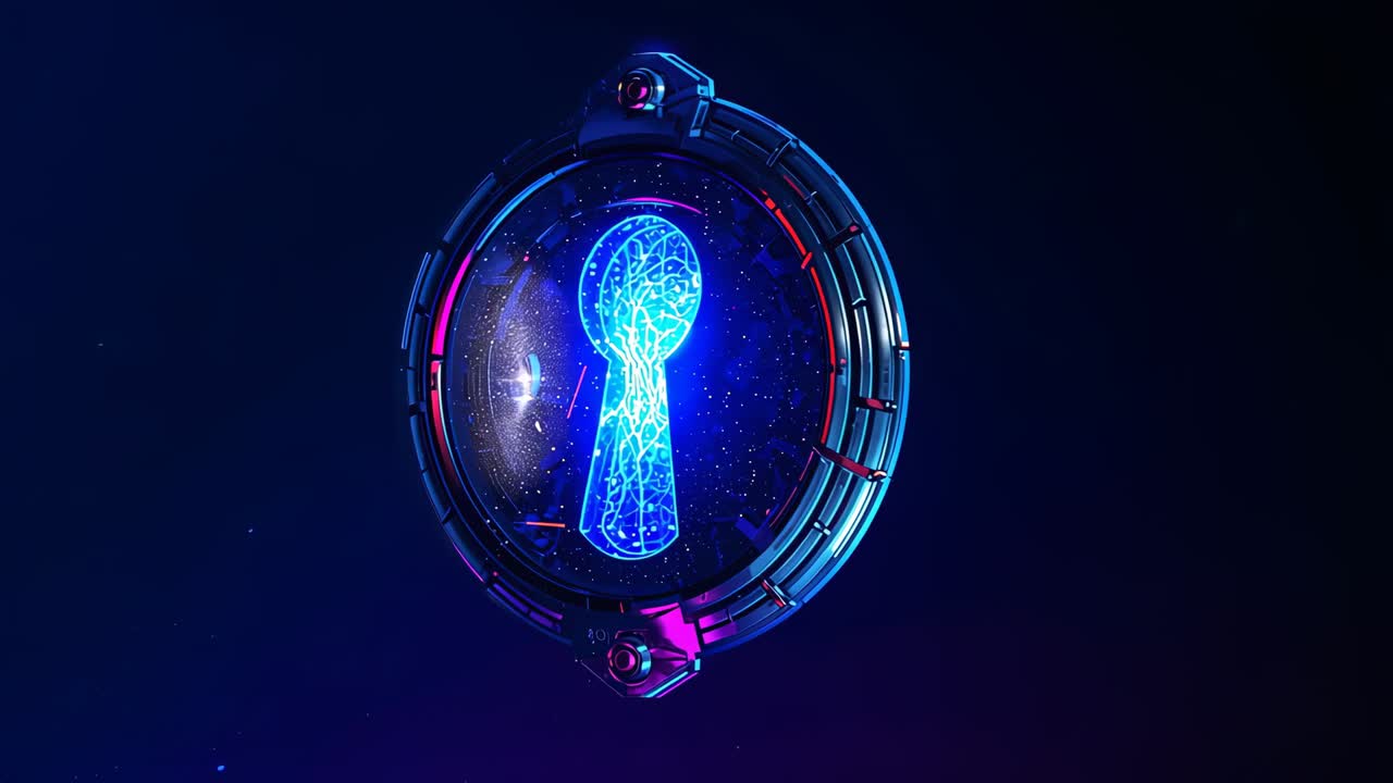 Rotating keyhole orb within metallic ring glowing at digital expanse, with barrier and particles