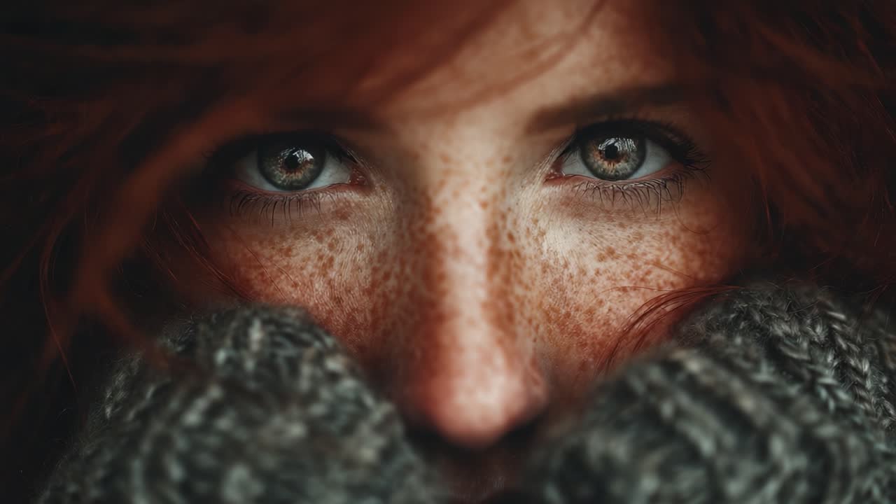 A Captivating Close-Up of a Freckled Face Framed by Cozy Knit, Highlighting the Expressive Eyes and Soft Textures of the Model's Warm Wear in a Chill Setting