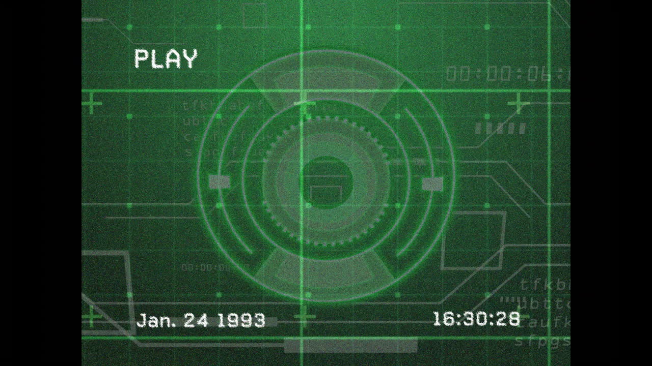 Animation of futuristic design with PLAY text and date on green digital interface