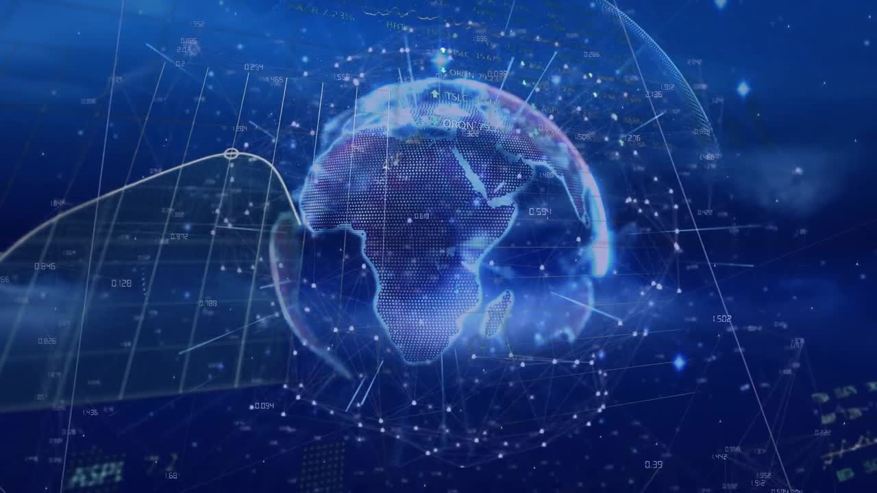 파란색 배경에 회전하는 지구상에서 통계 및 증권 시장 데이터 처리의 애니메이션