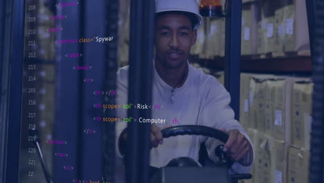 man operating forklift in warehouse with html code overlay animation