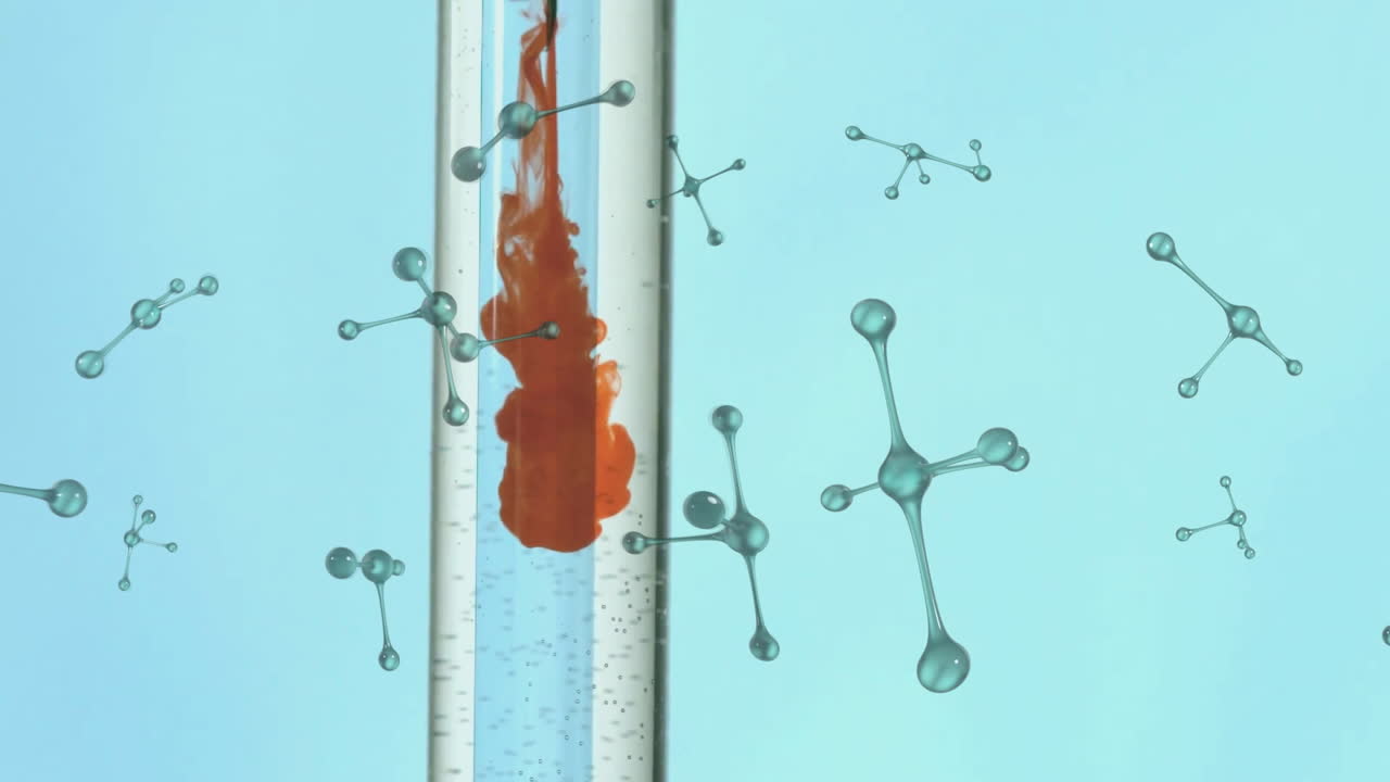Animation of blue molecules floating over test tube with red liquid on blue background