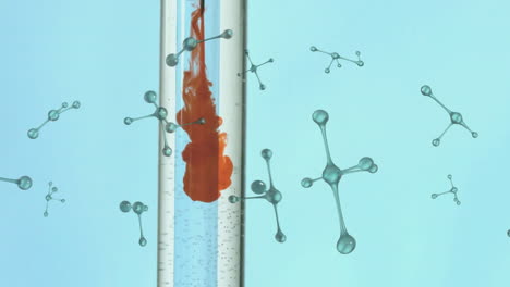 animation of blue molecules floating over test tube with red liquid on blue background
