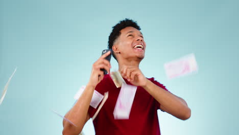 cash rain, smartphone and man
