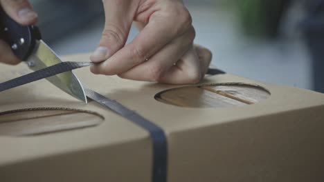 hands cutting strap of delivery box