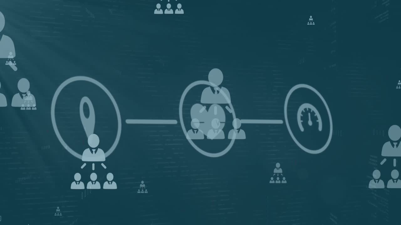 Animazione di icone tecnologiche e connessioni utente su schermo digitale verde