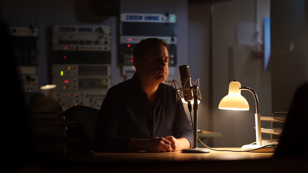 Man Recording a Podcast in a Dimly Lit Studio