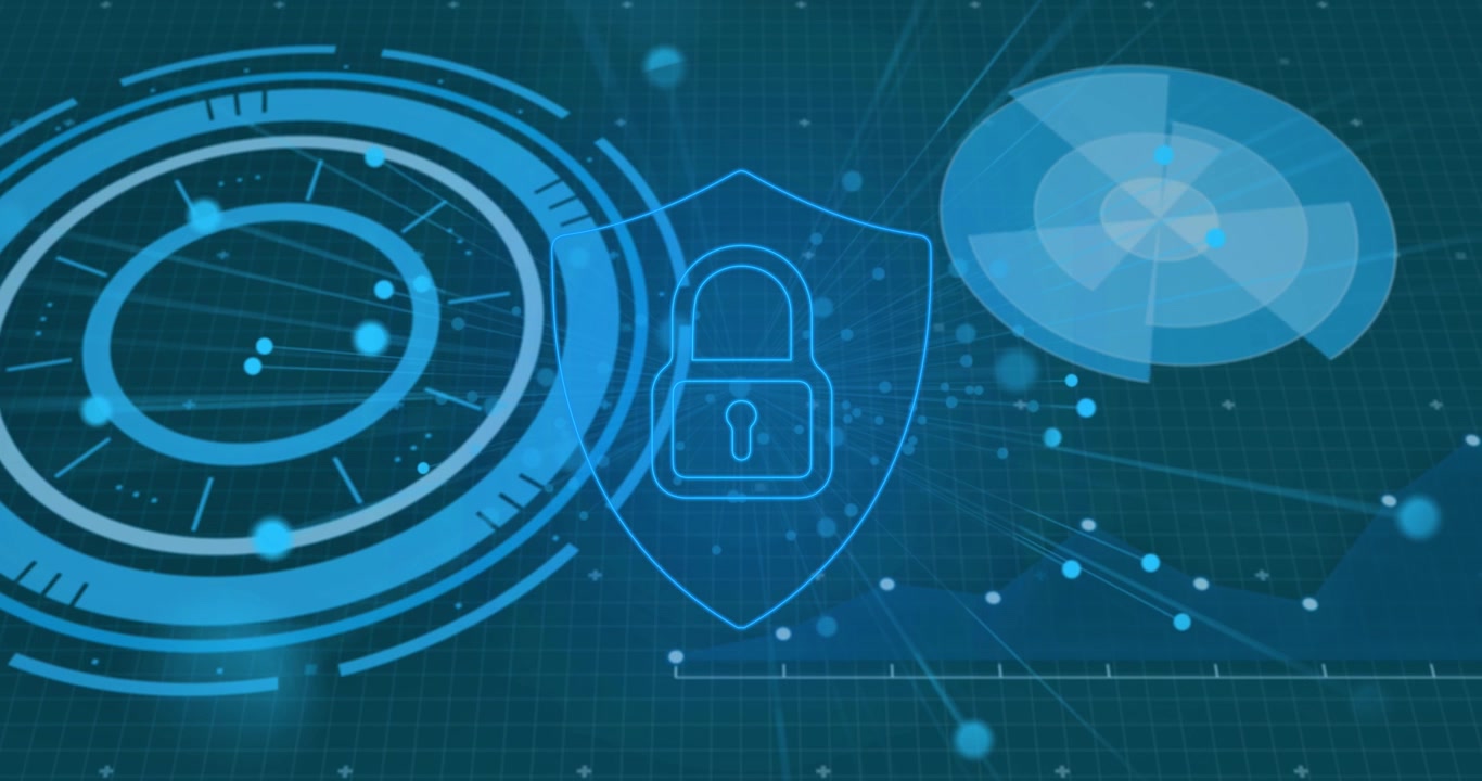 Animation of padlock over scanners, graph and network of connections on dark interface