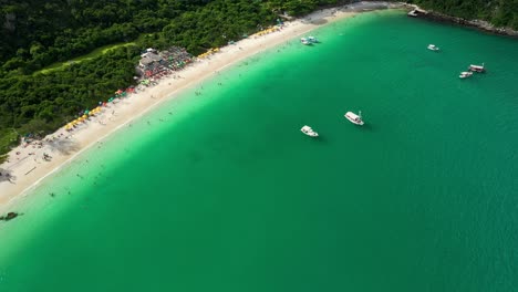 Toma-De-Drones-De-Un-Hermoso-Océano-De-Agua-Verde-Y-Gente-Jugando-En-Una-Hermosa-Playa-Rodeada-De-Bosque