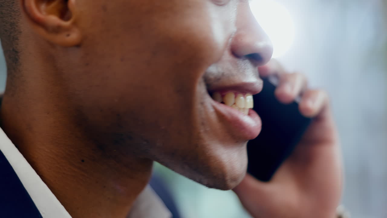 Smile, talking and closeup of a black man