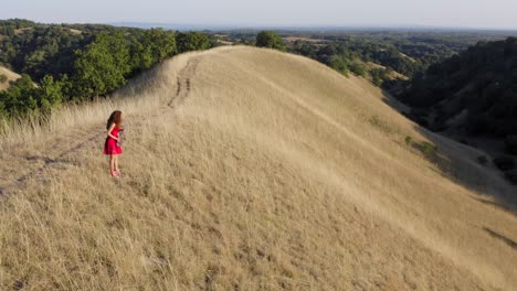 drone shot of a girl in a red dress plays the saxophone