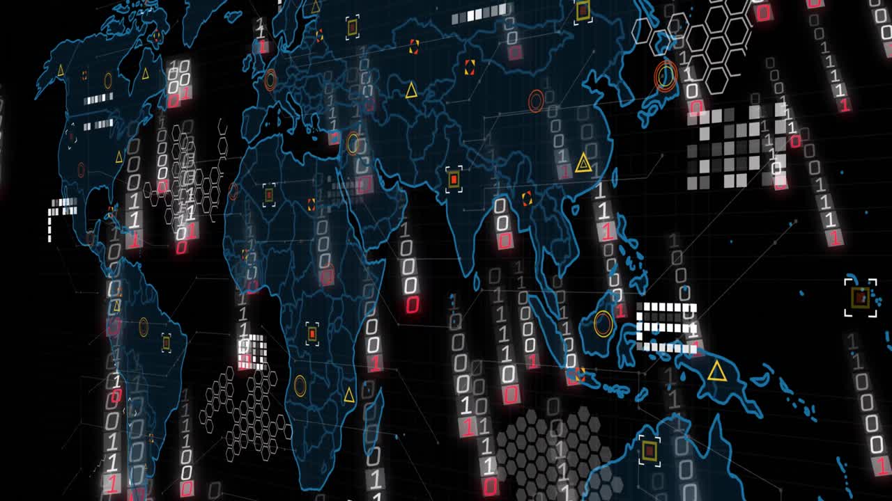 Animation of binary coding and data processing over world map