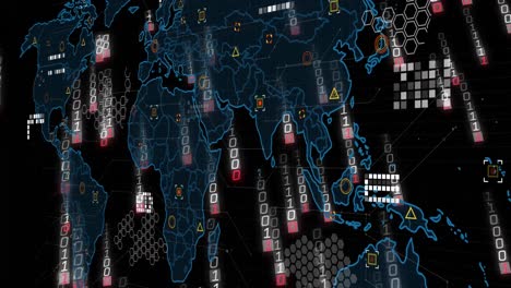 animation of binary coding and data processing over world map