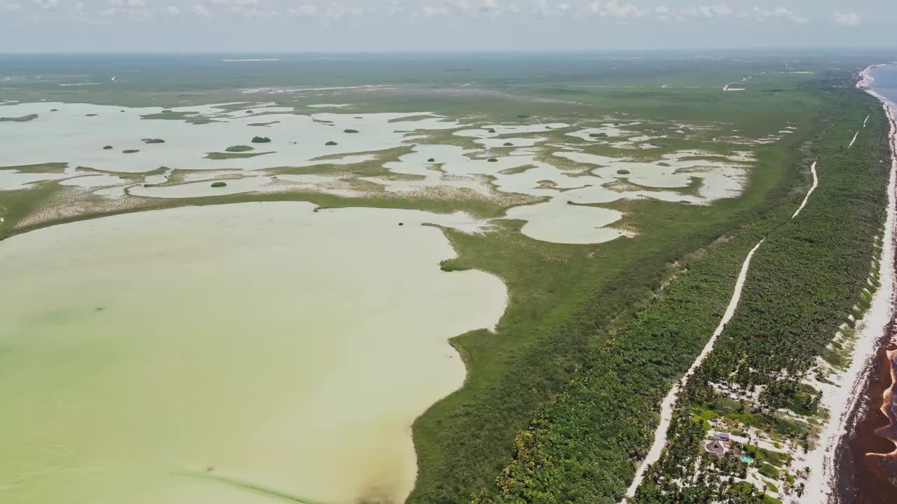 Aerial view, vibrant coastal lagoons and forested land between ocean and wetlands. A visual contrast of water bodies and vegetation