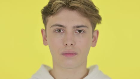 close up of serious young man, yellow background