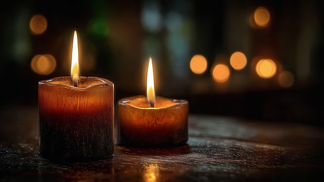 Illuminating Serenity: An Enchanting Display of Two Candles Casting Warm Light in a Dimly Lit Space with a Soft Bokeh Background Enhancing the Cozy Atmosphere
