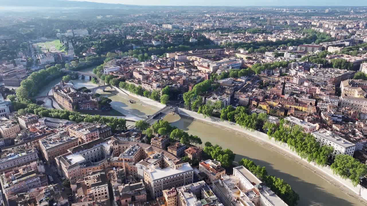 Tiber River At Rome In Lazio Italy. Medieval Buildings. Downtown District. Tiber River At Rome In Lazio Italy. Riverside Island. Cultural Heritage. Rome Skyline.