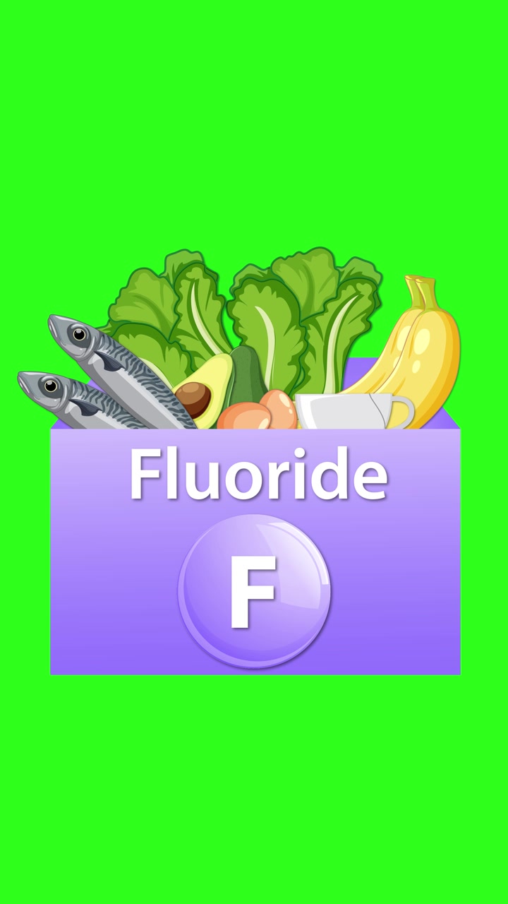 Una scatola viola di integratore di fluoro si riempie di verdure e pesce su uno sfondo verde brillante, movimento semplice