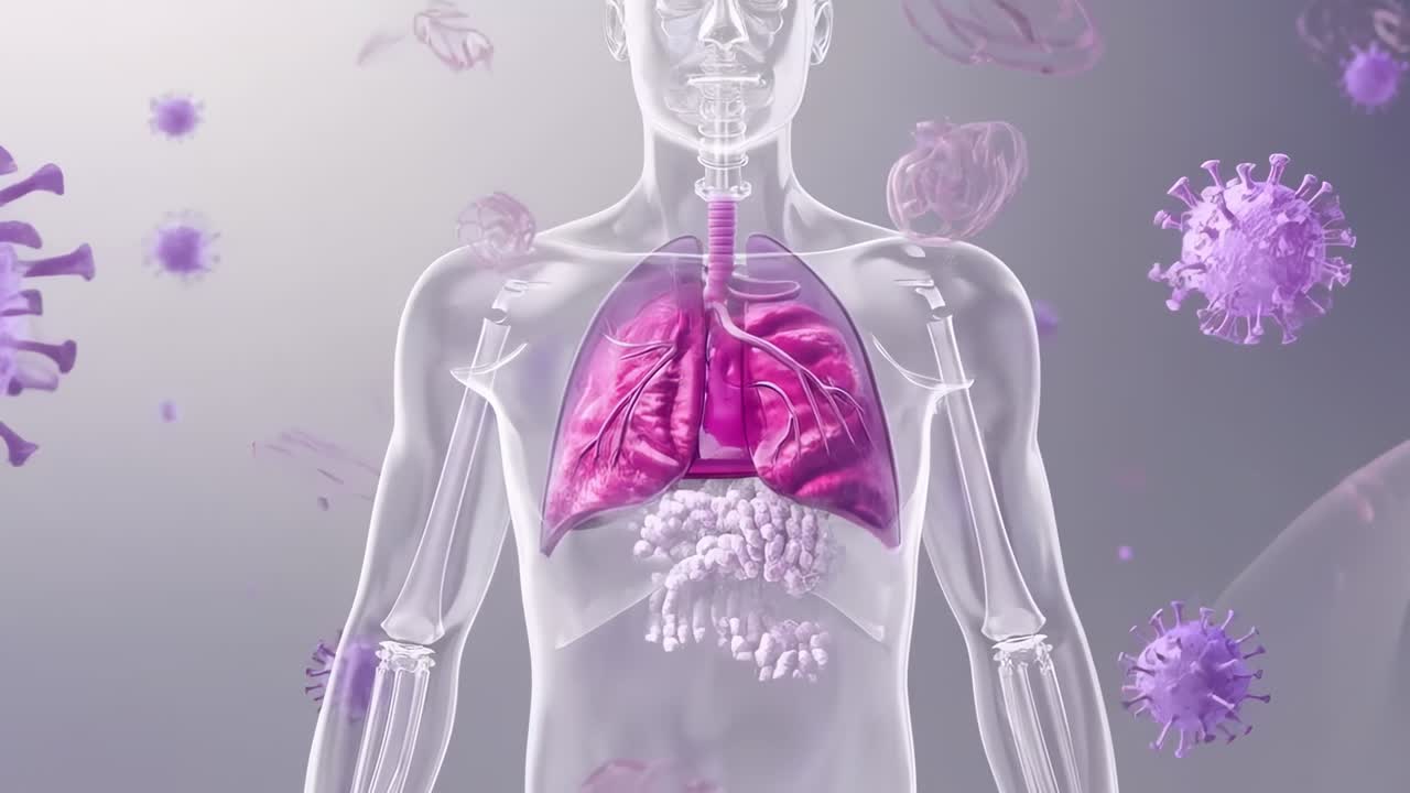Torso traslucido animato che mostra polmoni magenta, bronchi e intestino a spirale per illustrare la respirazione
