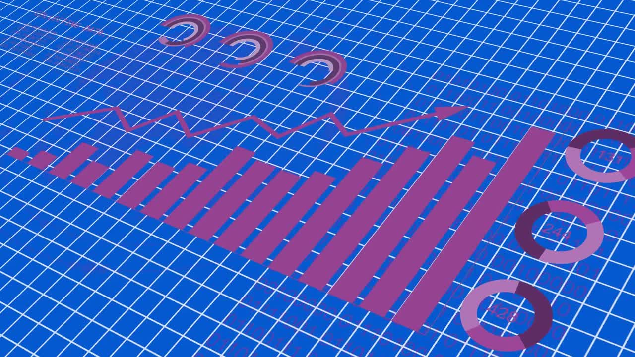 animación del procesamiento de datos estadísticos a través de la red de red contra un fondo azul
