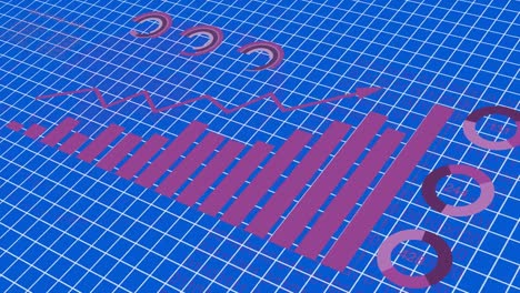 animation of statistical data processing over grid network against blue background