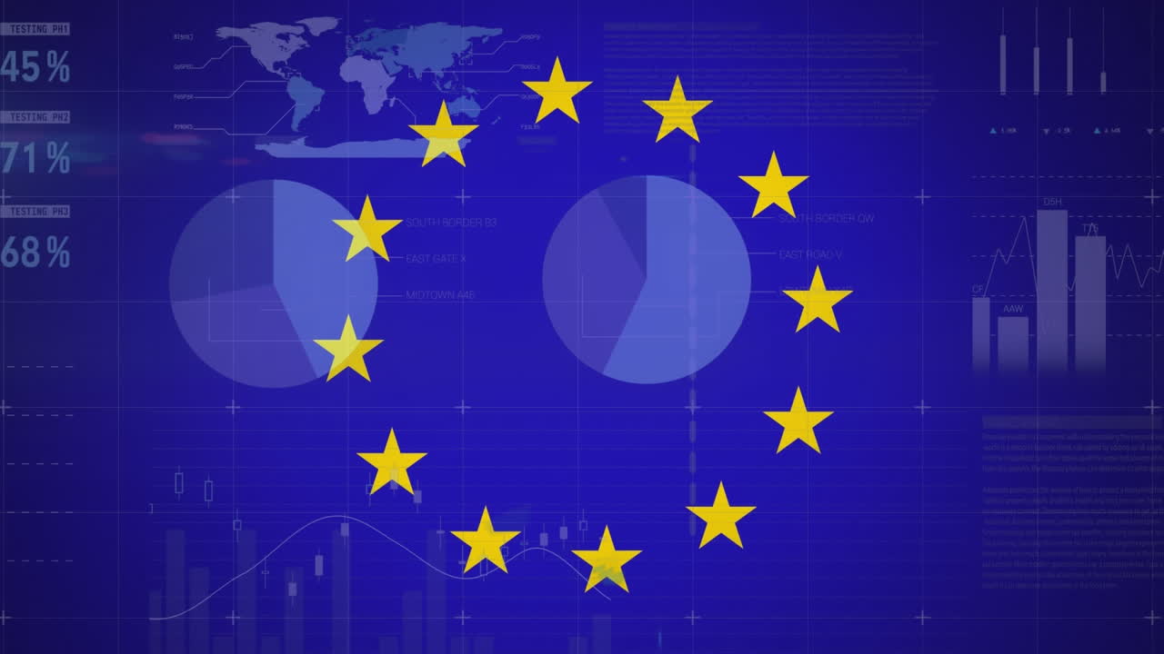 유럽 연합의  ⁇ 발의 별 위에 있는 금융 데이터 처리 애니메이션