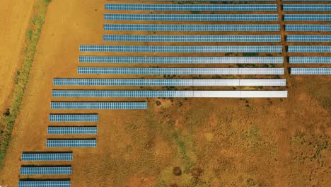 solar panels photovoltaics in solar farm. aerial video footage, view of solar panels at a renewable energy energy of the future generation farm at sunset in lincolnshire, uk