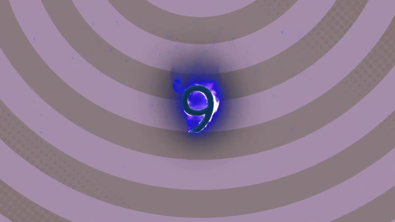보라색 배경에 회전하는 나선에 대한 숫자 아 ⁇ 에 대한 불꽃 효과의 디지털 애니메이션