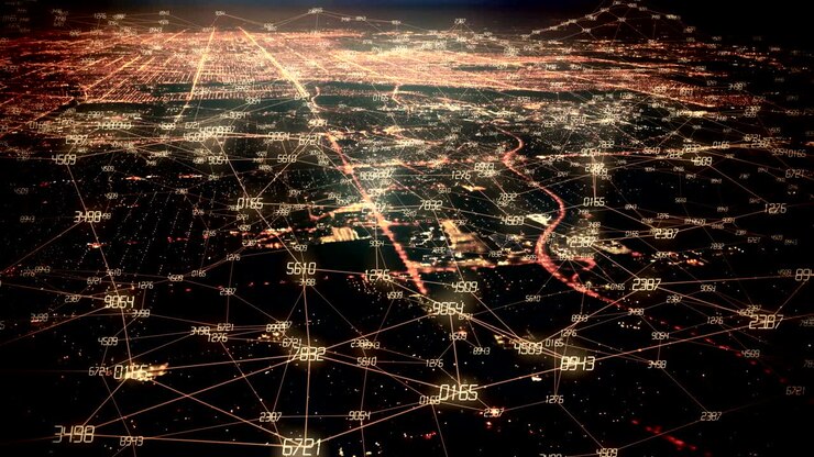 Aerial view of a futuristic Financial District.