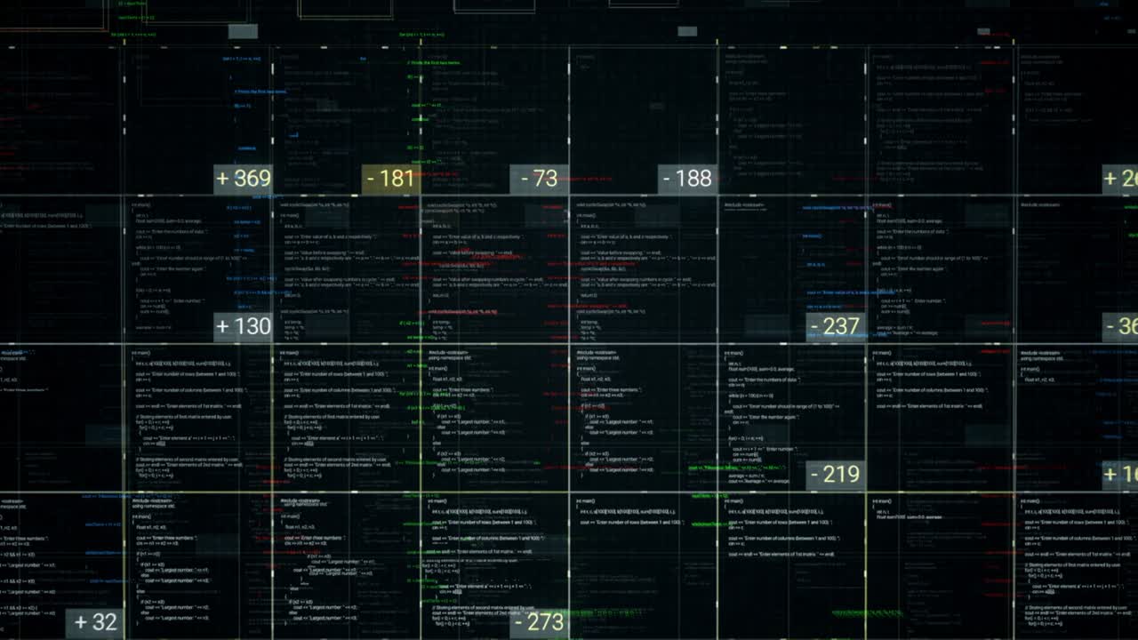 Programming blocks of code on black background, seamless loop. Animation. Abstract computer script, programming code as technology background