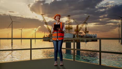 ingeniera en la turbina eólica y la plataforma en alta mar al atardecer