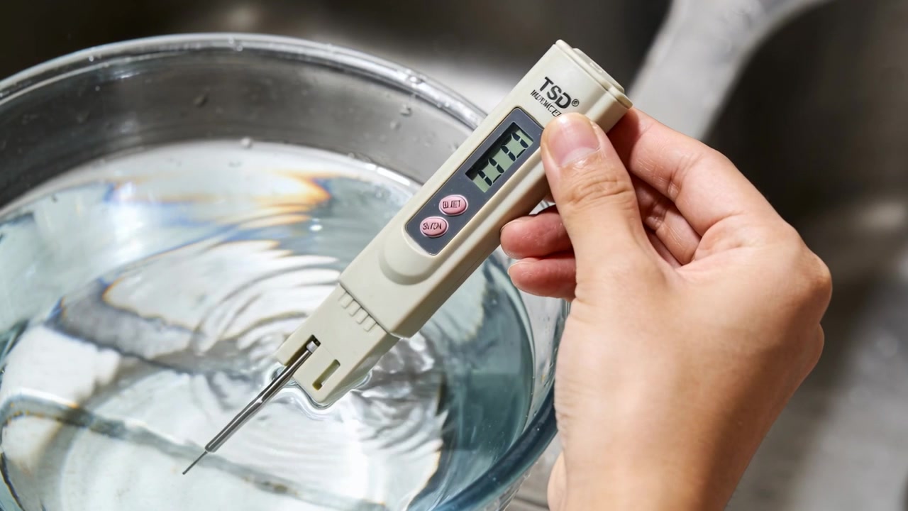 Mano che abbassa un misuratore digitale in una ciotola di vetro sul bancone della cucina, stabilizzando la sonda per la lettura.