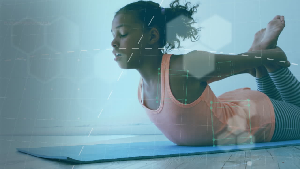 Animation of shapes floating over biracial woman exercising