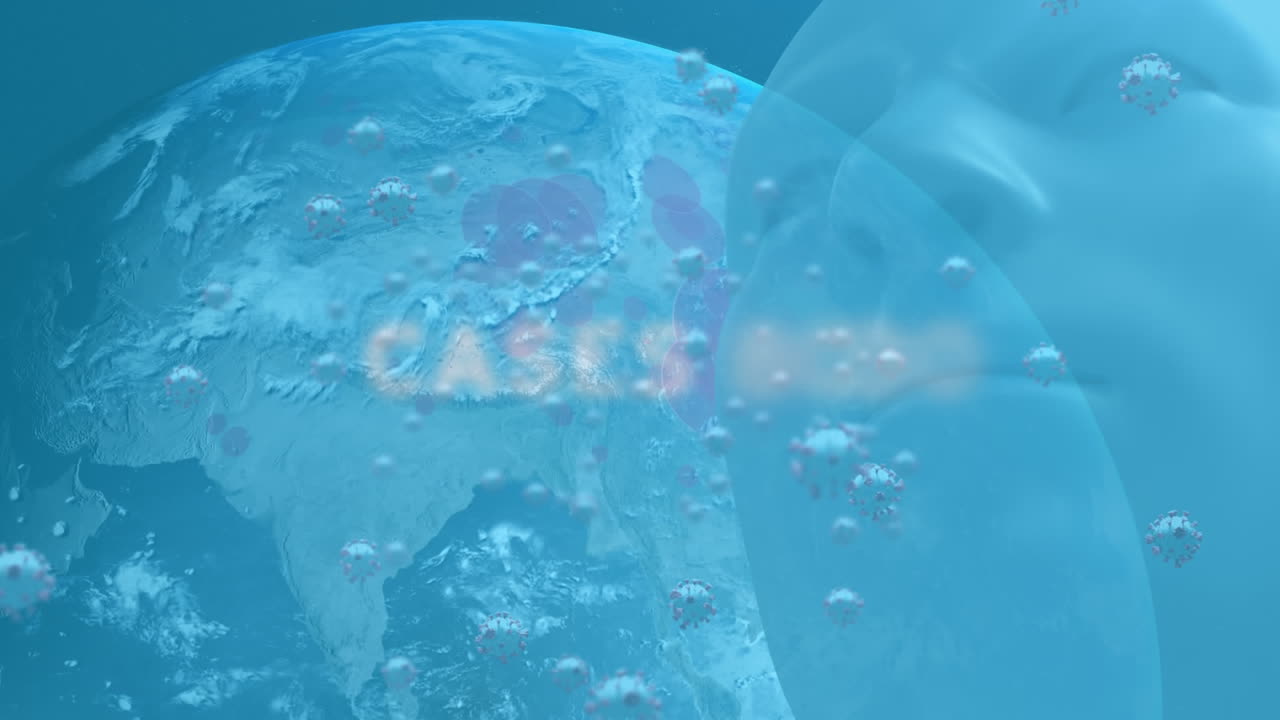 지구와 인간의 머리 모델에 대한 코로나19 개념 텍스트와 세포