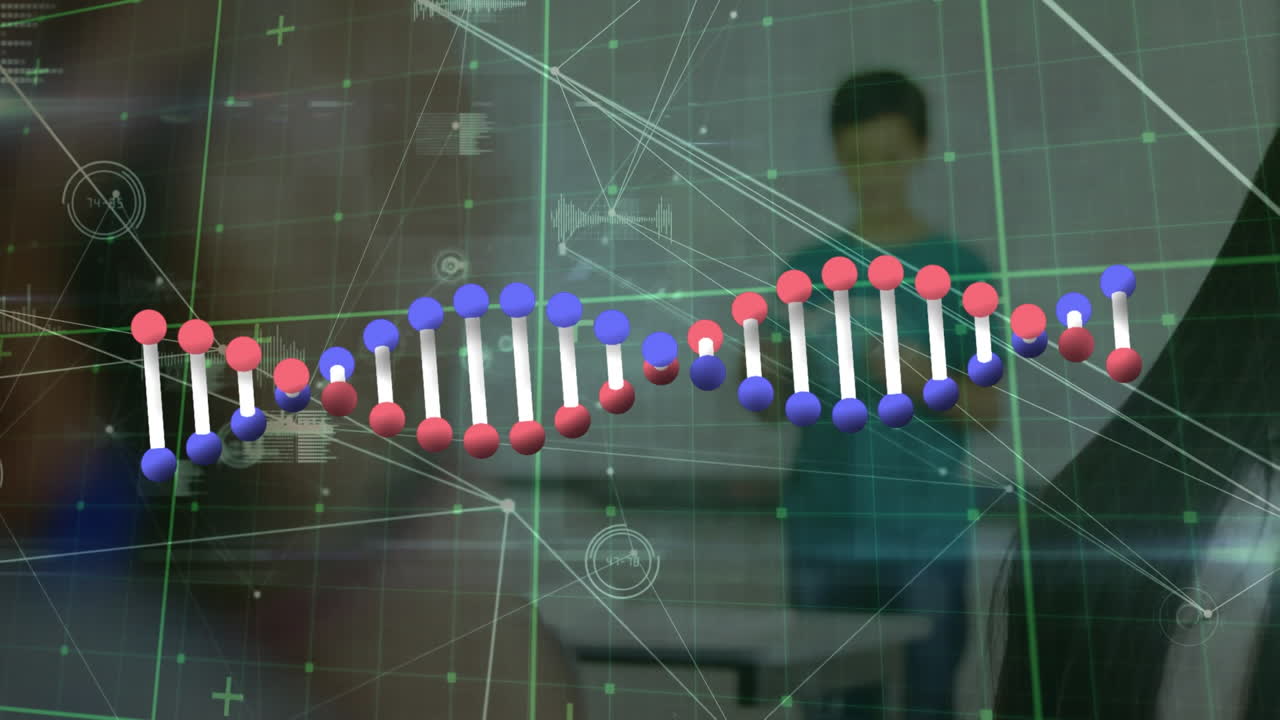 Animation of dna strand spinning over networks of connections with glowing spots